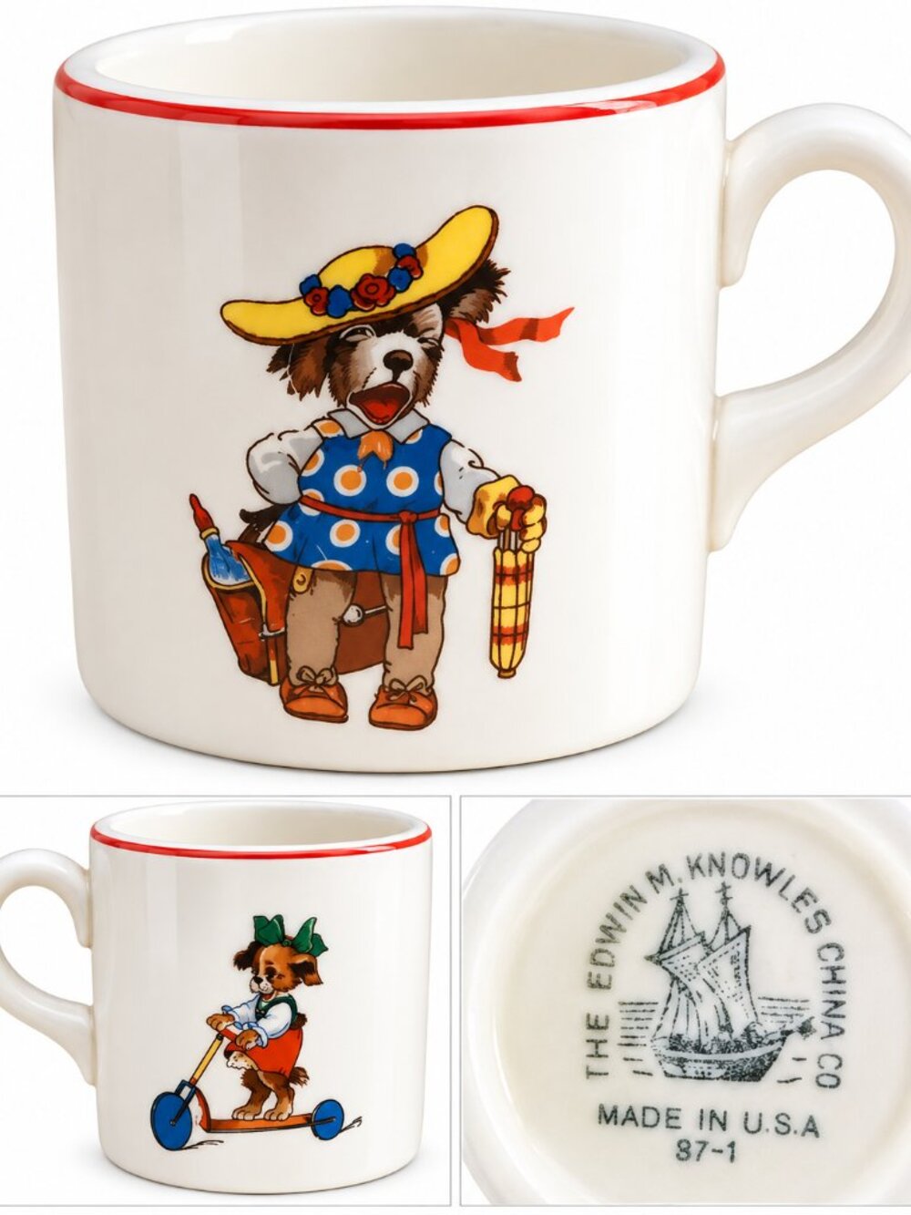 Vintage Edwin M Knowles Child's Cup Puppy Dog Red Rim Made USA 1930s 37-1 USA